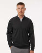Man wearing a black quarter-zip pullover with a white background. Adidas Men's Club Quarter-Zip Pullover, Embroidered by Helmsman Stitch Co.