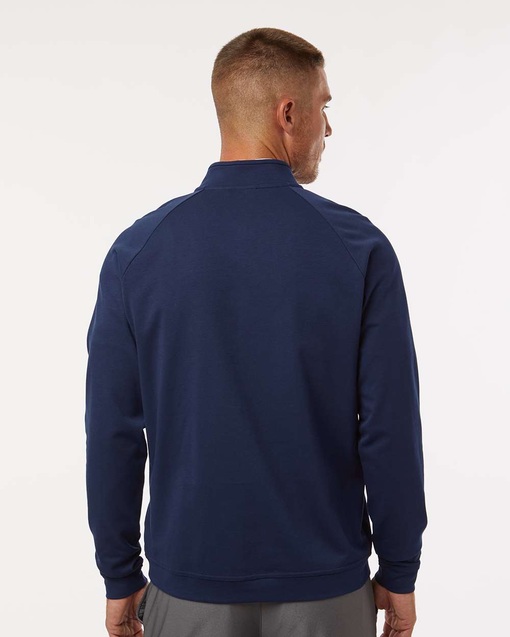 Man wearing a navy blue quarter-zip sweatshirt on a white background. Adidas Men's Club Quarter-Zip Pullover, Embroidered by Helmsman Stitch Co.