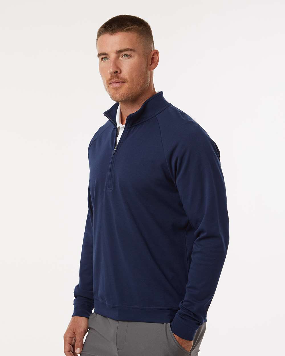 Man wearing a navy blue quarter-zip sweater on a white background. Adidas Men's Club Quarter-Zip Pullover, Embroidered by Helmsman Stitch Co.
