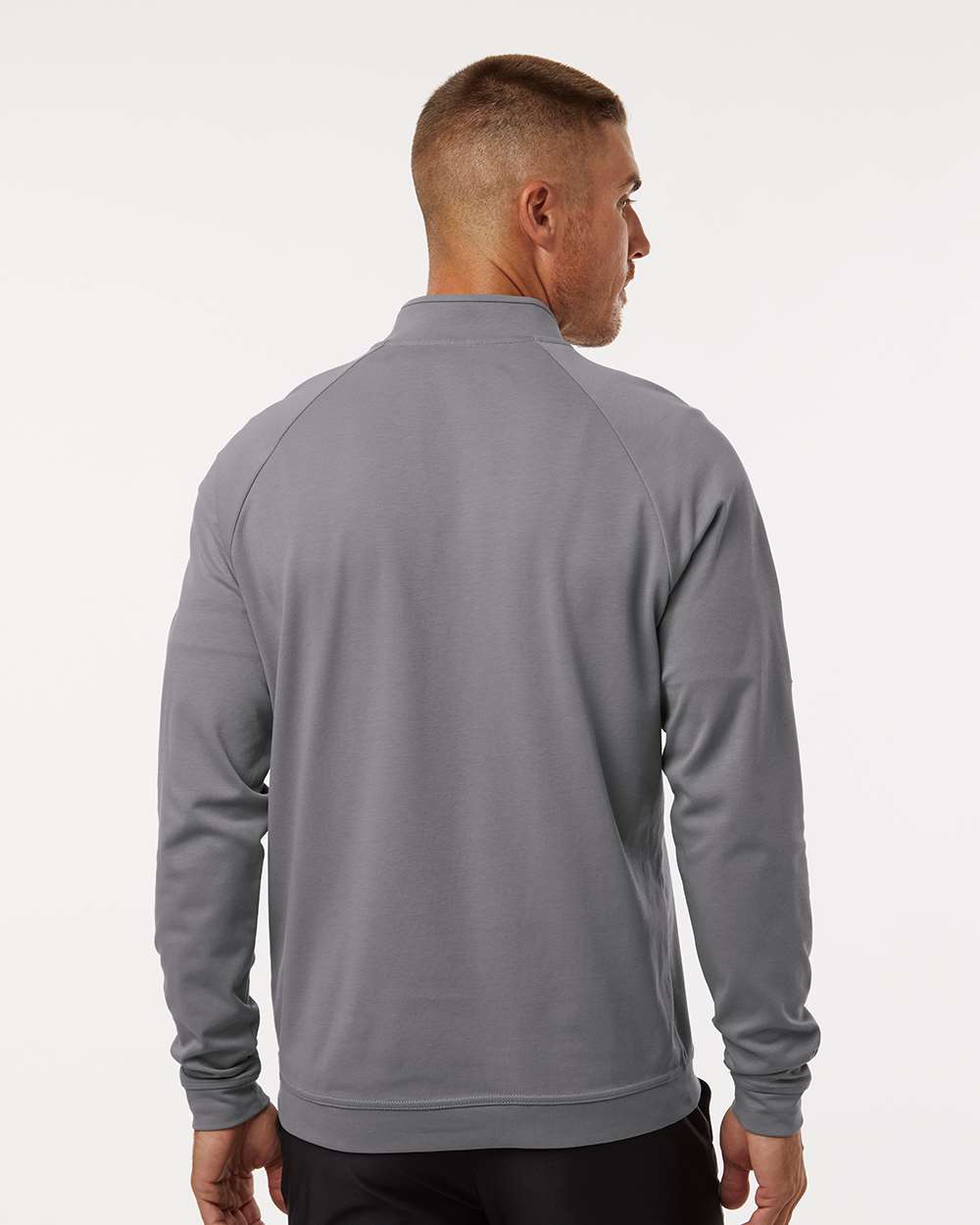 Man wearing a gray long-sleeve shirt on a white background. Adidas Men's Club Quarter-Zip Pullover, Embroidered by Helmsman Stitch Co.