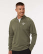 Man wearing a green pullover with a logo on a white background. Adidas Men's Club Quarter-Zip Pullover, Embroidered by Helmsman Stitch Co.