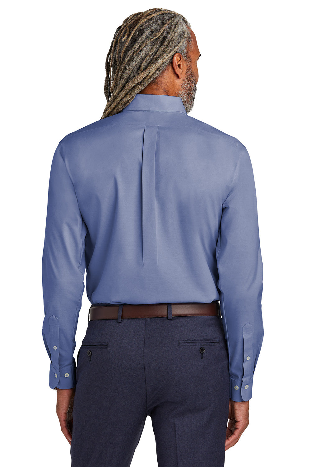 Man wearing a blue dress shirt and dark pants on a white background embroidered Brooks Brothers® Wrinkle-Free Stretch Pinpoint Shirts