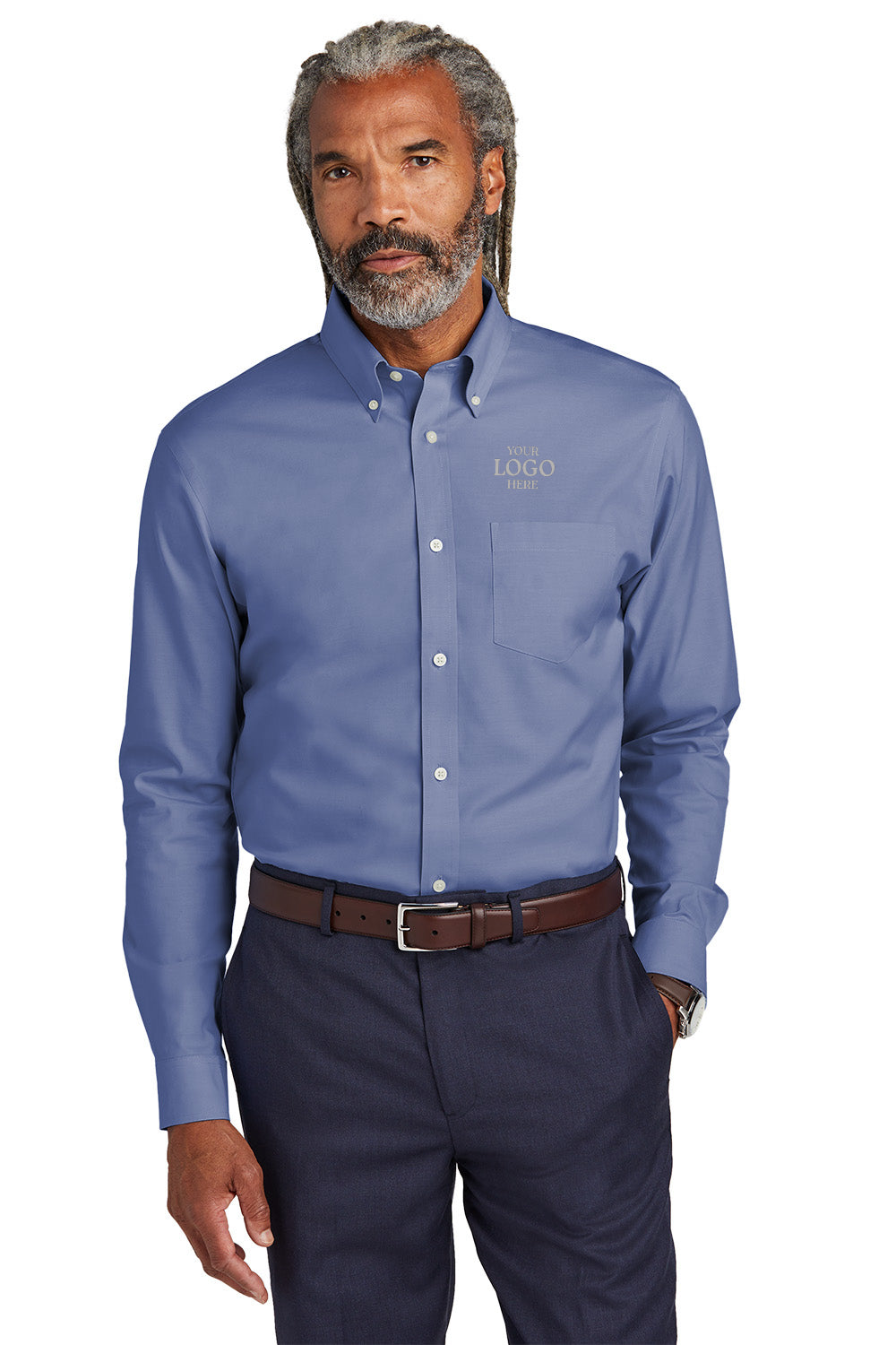 Man wearing a blue button-up shirt with a logo on a white background embroidered Brooks Brothers® Wrinkle-Free Stretch Pinpoint Shirts