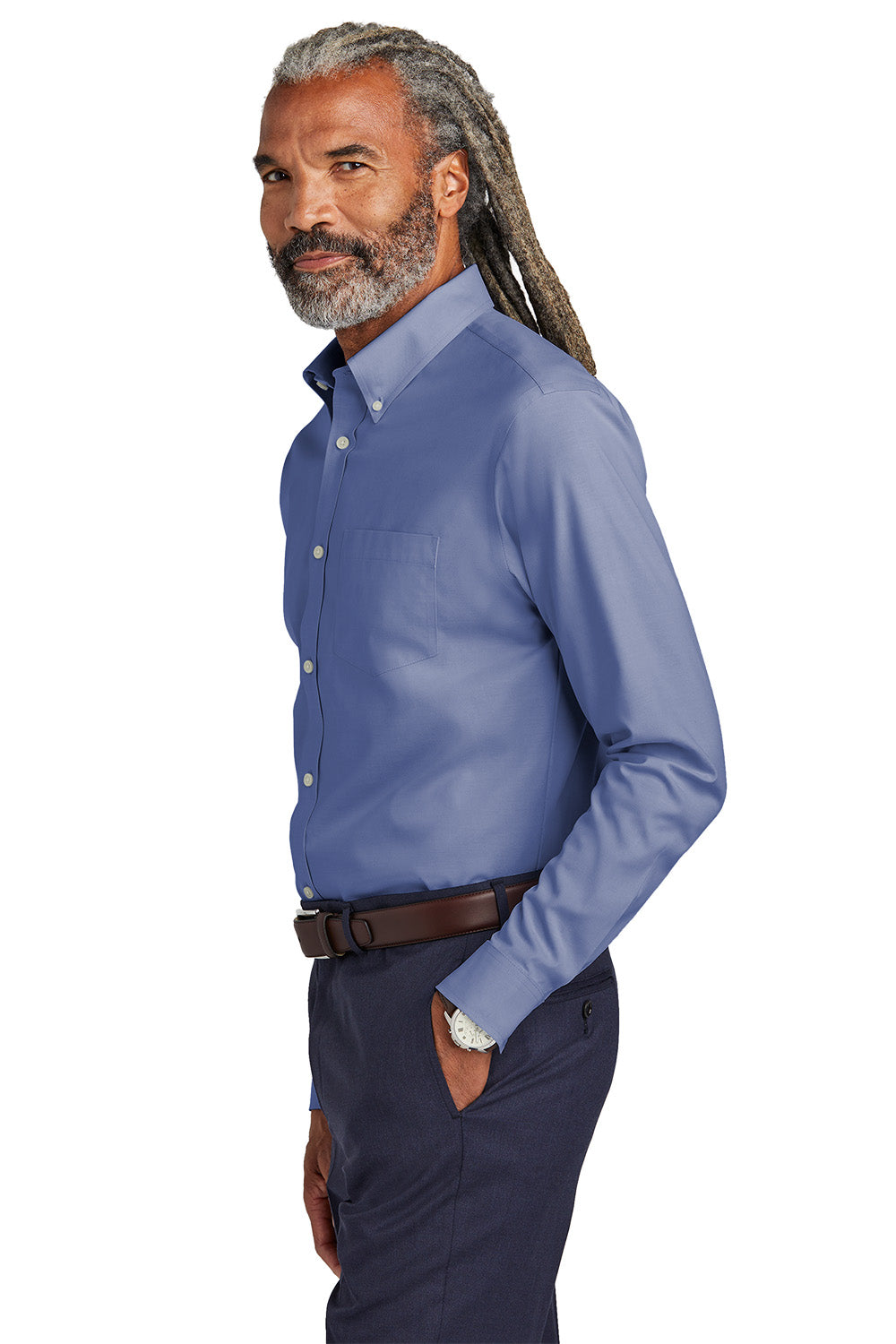 Man wearing a blue dress shirt and dark pants on a white background embroidered Brooks Brothers® Wrinkle-Free Stretch Pinpoint Shirts