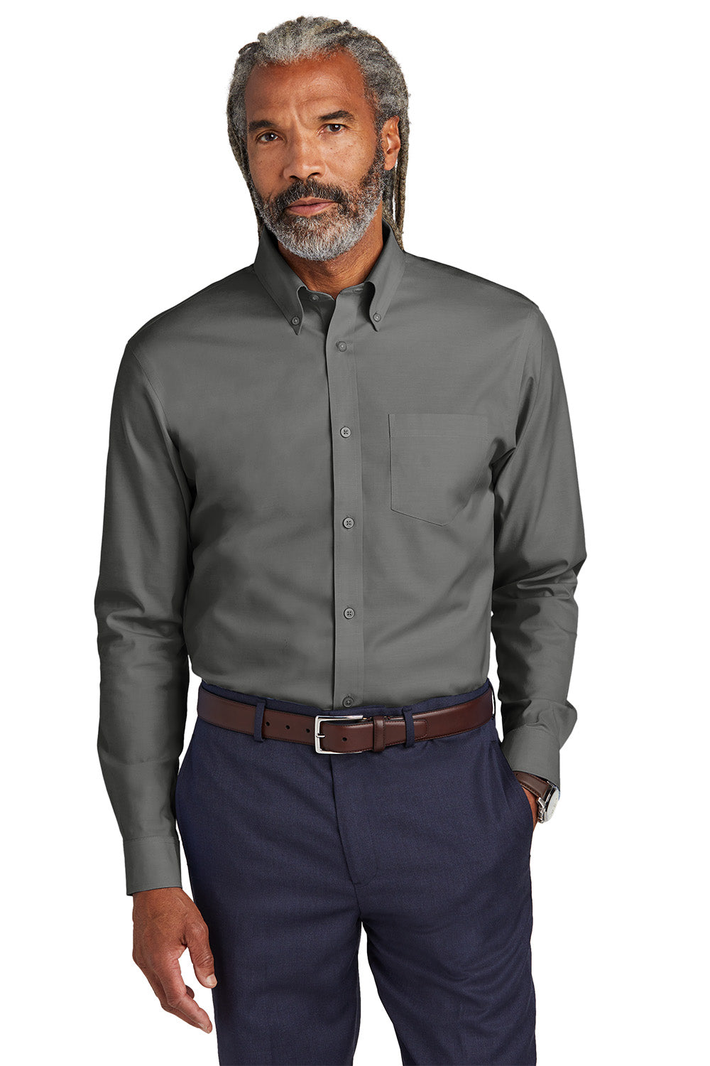 Man wearing a gray dress shirt and navy pants on a white background embroidered Brooks Brothers® Wrinkle-Free Stretch Pinpoint Shirts