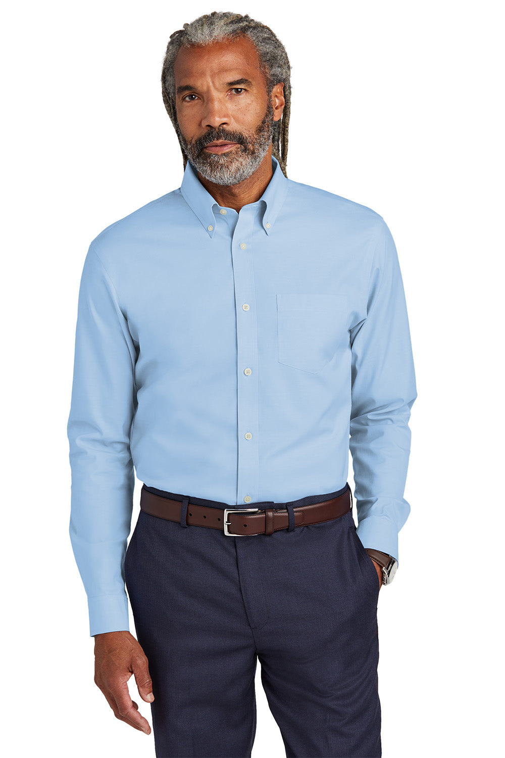 Man wearing a light blue button-up shirt and dark blue pants on a white background embroidered Brooks Brothers® Wrinkle-Free Stretch Pinpoint Shirts