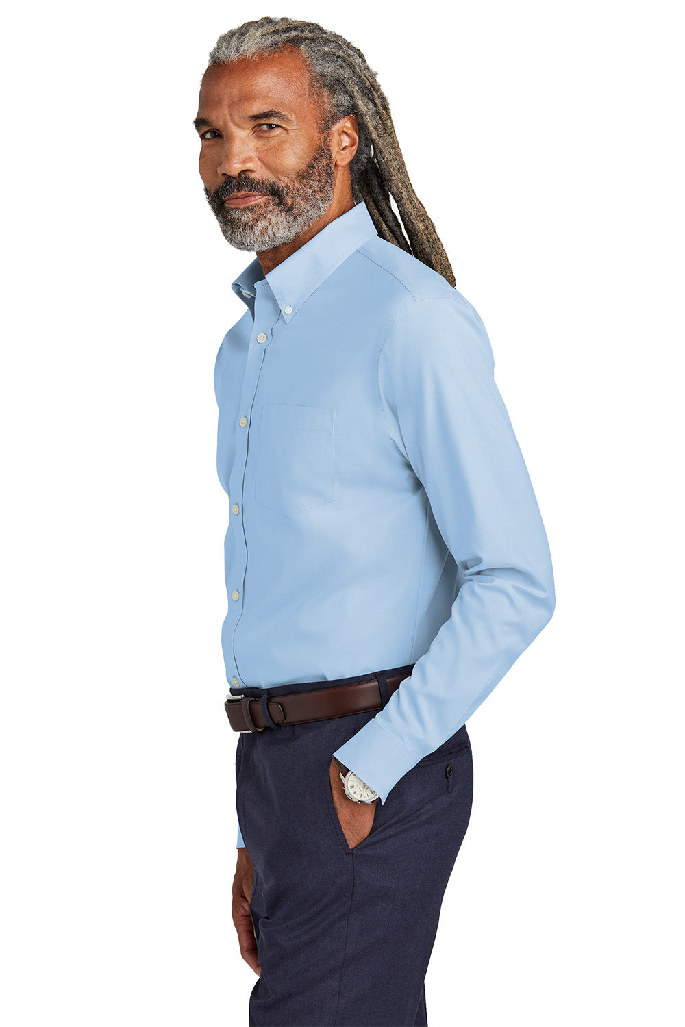 Man wearing a light blue dress shirt and dark pants on a white background embroidered Brooks Brothers® Wrinkle-Free Stretch Pinpoint Shirts