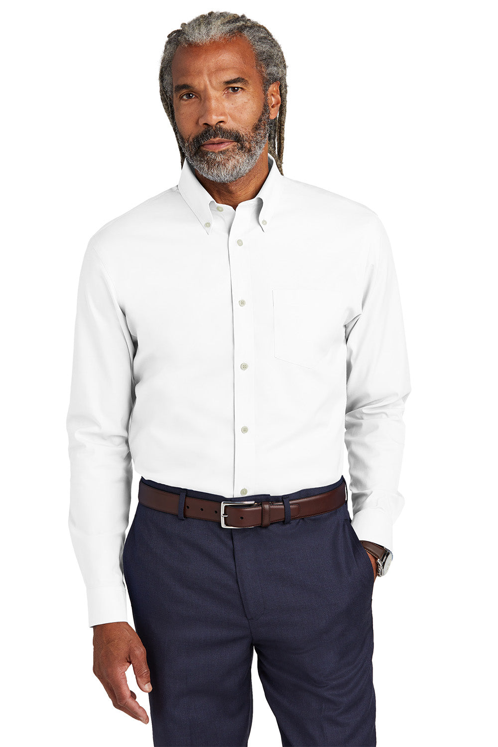 Man wearing a white dress shirt and navy pants on a white background embroidered Brooks Brothers® Wrinkle-Free Stretch Pinpoint Shirts