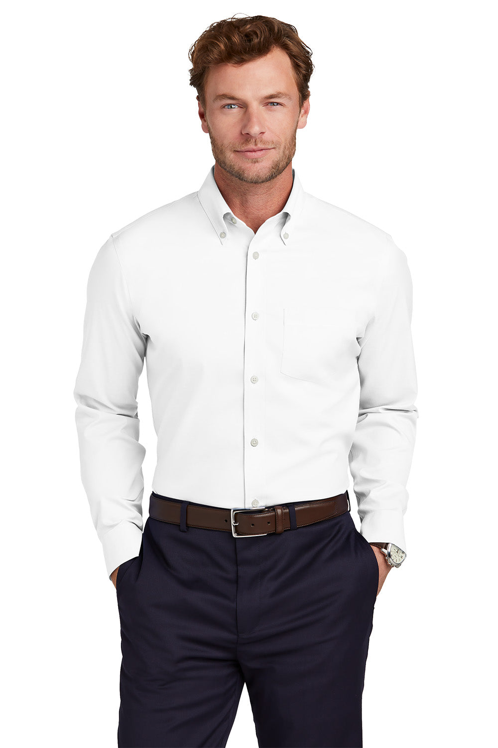 Man wearing a white dress shirt and navy pants on a white background embroidered Brooks Brothers® Wrinkle-Free Stretch Pinpoint Shirts