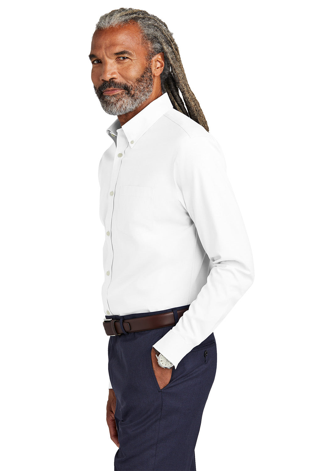 Man wearing a white dress shirt and navy pants on a white background embroidered Brooks Brothers® Wrinkle-Free Stretch Pinpoint Shirts