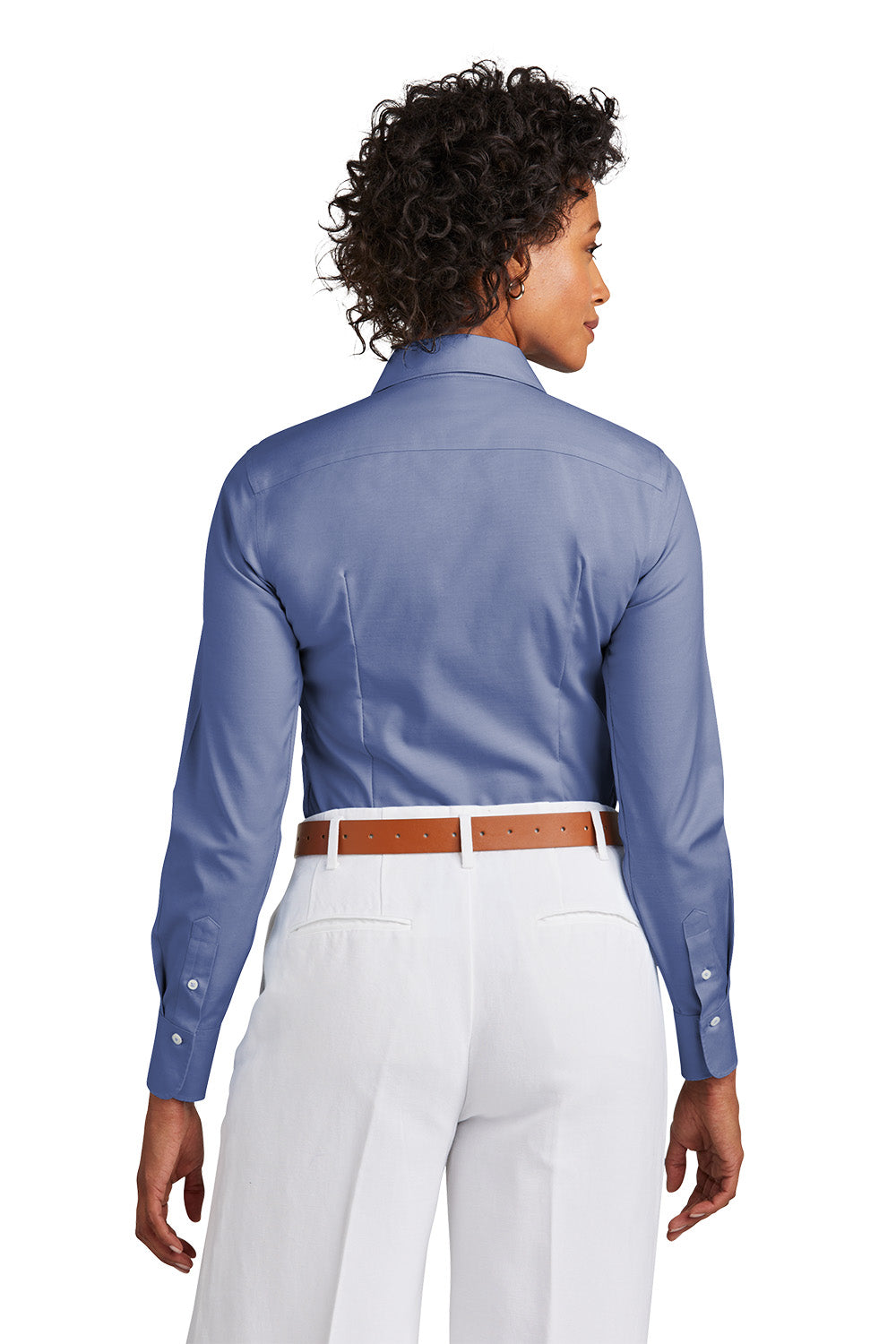 Person wearing a blue dress shirt and white pants on a white background embroidered Brooks Brothers® Women’s Wrinkle-Free Stretch Pinpoint Shirt