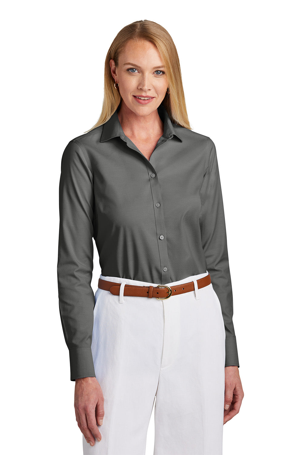 Woman wearing a gray button-up shirt and white pants on a white background embroidered Brooks Brothers® Women’s Wrinkle-Free Stretch Pinpoint Shirt