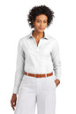 Woman wearing a white shirt and white pants with a brown belt on a white background embroidered Brooks Brothers® Women’s Wrinkle-Free Stretch Pinpoint Shirt