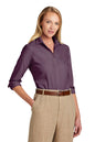 Woman wearing a purple shirt and beige pants on a white background embroidered Brooks Brothers® Women’s Wrinkle-Free Stretch Nailhead Shirt