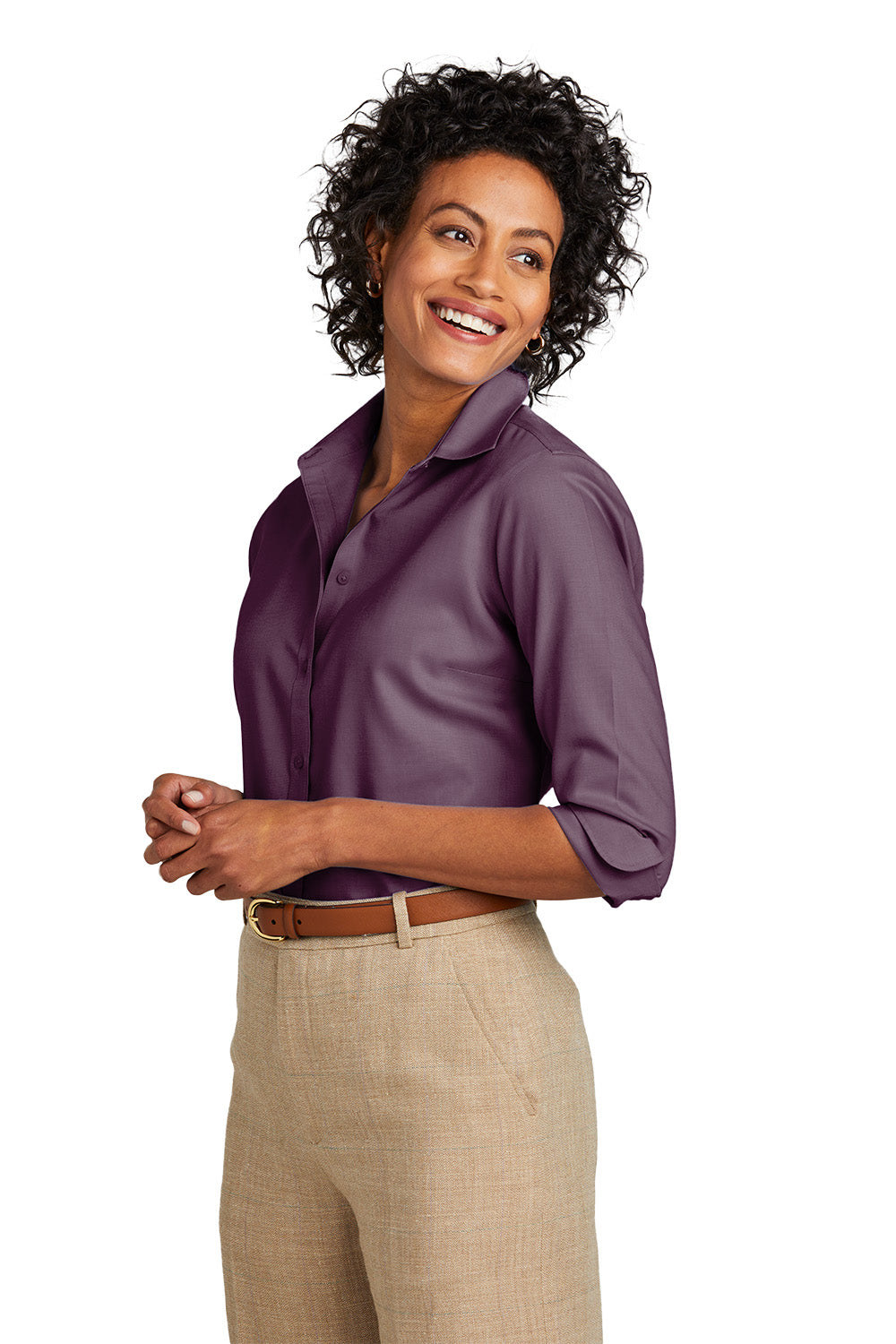 Woman wearing a purple shirt and beige pants on a white background embroidered Brooks Brothers® Women’s Wrinkle-Free Stretch Nailhead Shirt
