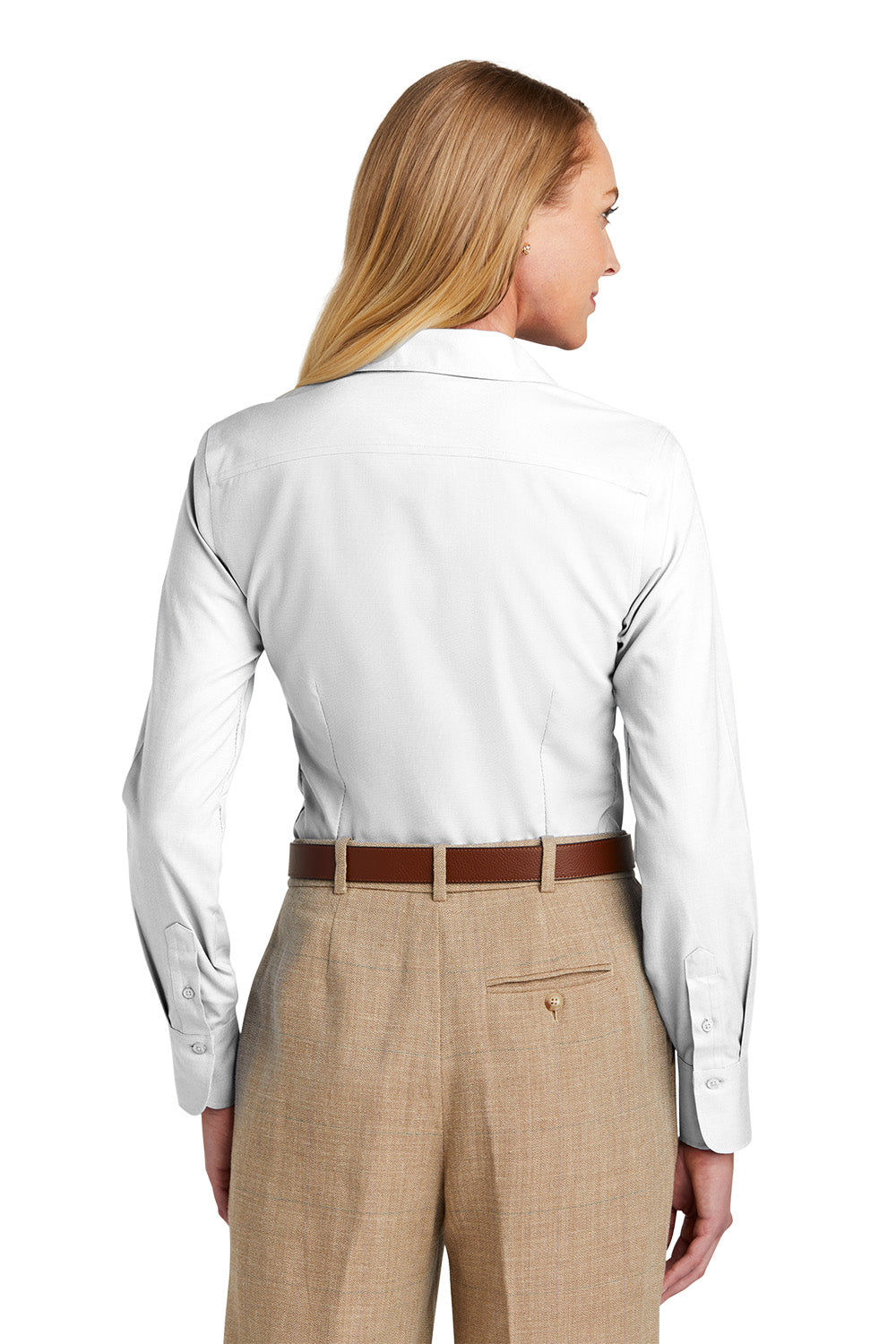 Woman wearing a white shirt and beige pants on a white background embroidered Brooks Brothers® Women’s Wrinkle-Free Stretch Nailhead Shirt