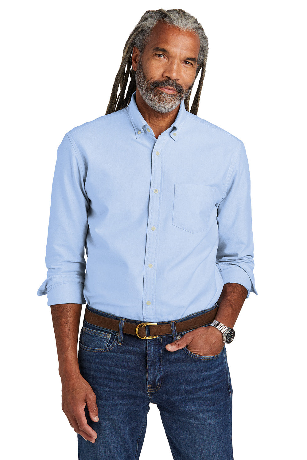 Man wearing a light blue button-up shirt and dark blue jeans on a white background embroidered Brooks Brothers® Casual Oxford Cloth Shirt