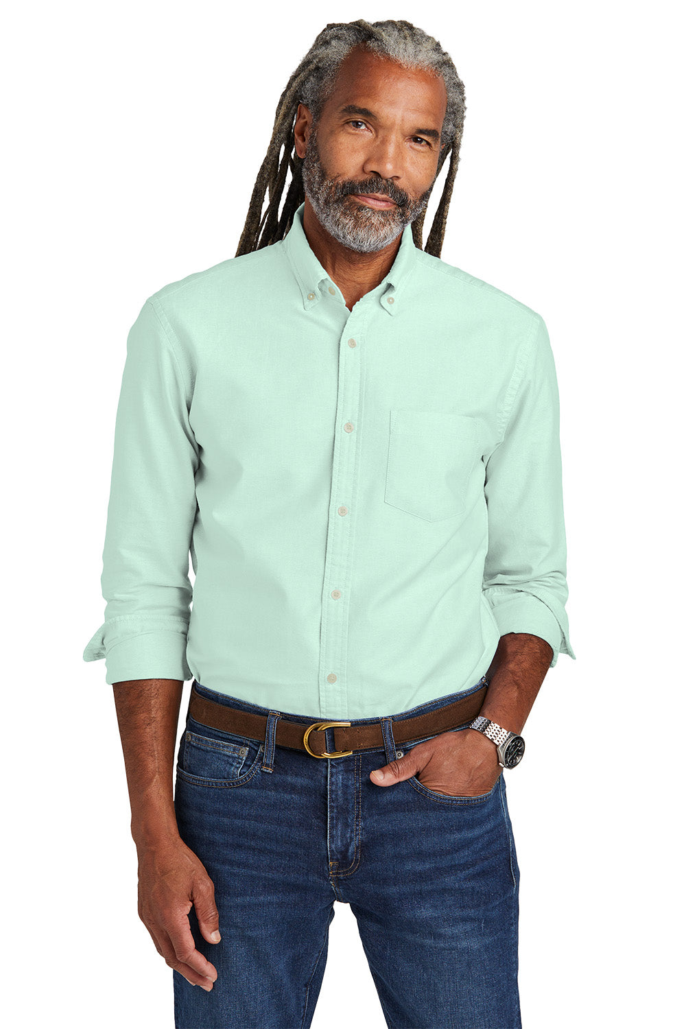 Man wearing a light green button-up shirt and blue jeans on a white background embroidered Brooks Brothers® Casual Oxford Cloth Shirt