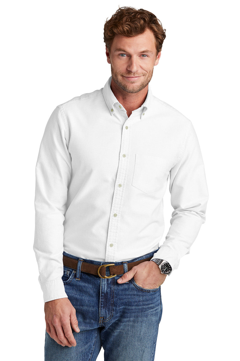 Man wearing a white dress shirt and blue jeans on a white background embroidered Brooks Brothers® Casual Oxford Cloth Shirt
