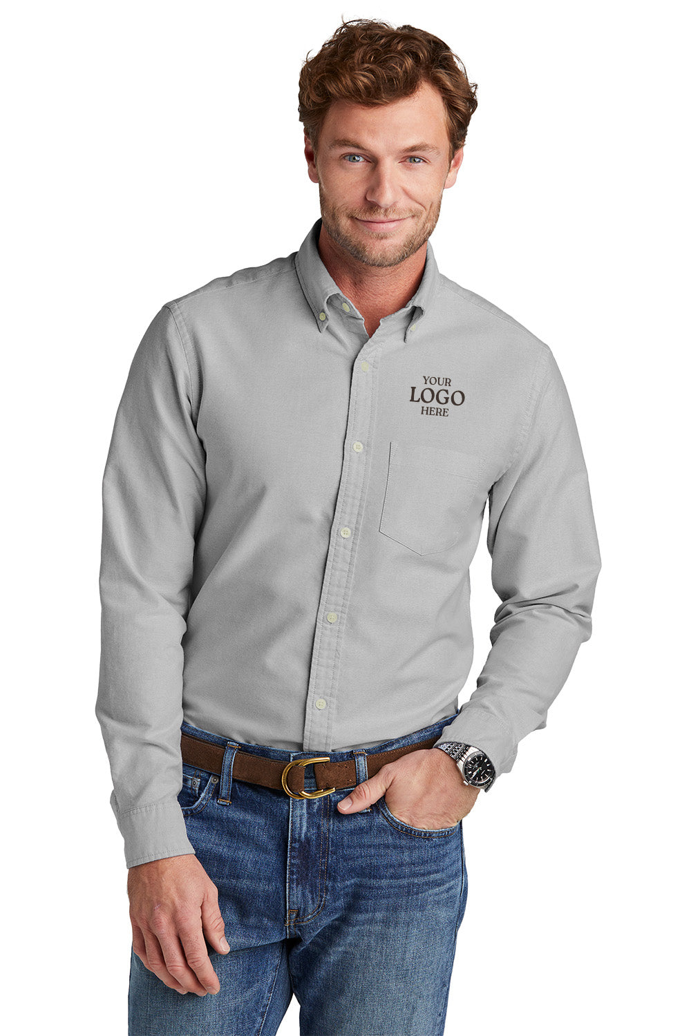 Man wearing a gray button-up shirt with a logo placeholder on a white background embroidered Brooks Brothers® Casual Oxford Cloth Shirt