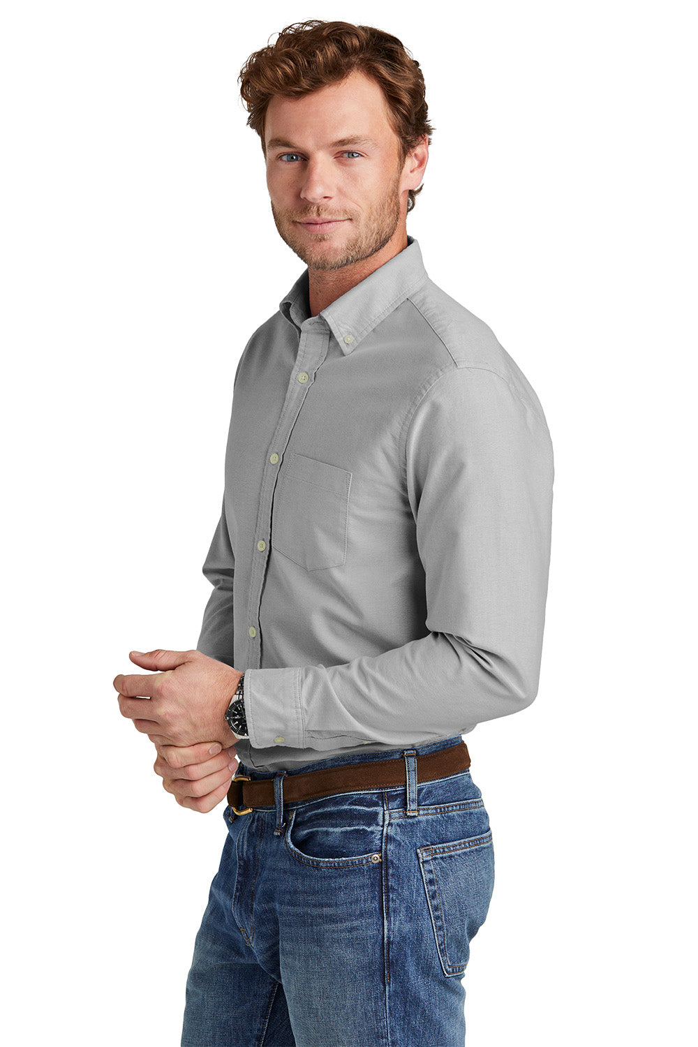 Man wearing a gray shirt and blue jeans on a white background embroidered Brooks Brothers® Casual Oxford Cloth Shirt