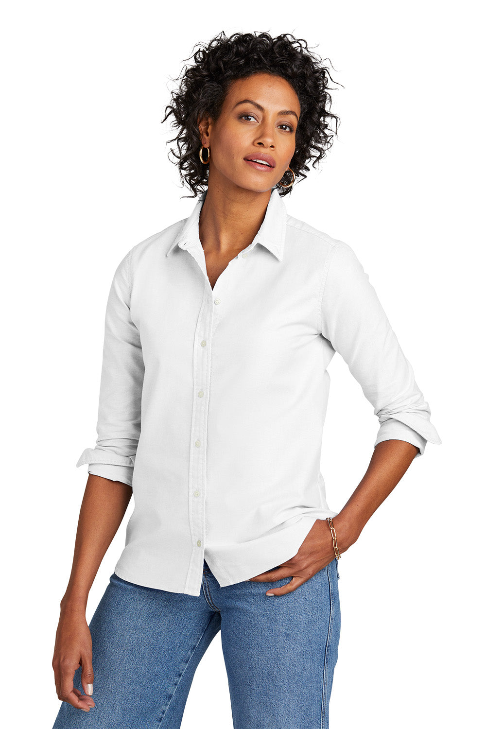 Woman wearing a white shirt and blue jeans on a white background embroidered Brooks Brothers® Women’s Casual Oxford Cloth Shirt