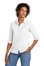Woman wearing a white shirt and blue jeans on a white background embroidered Brooks Brothers® Women’s Casual Oxford Cloth Shirt