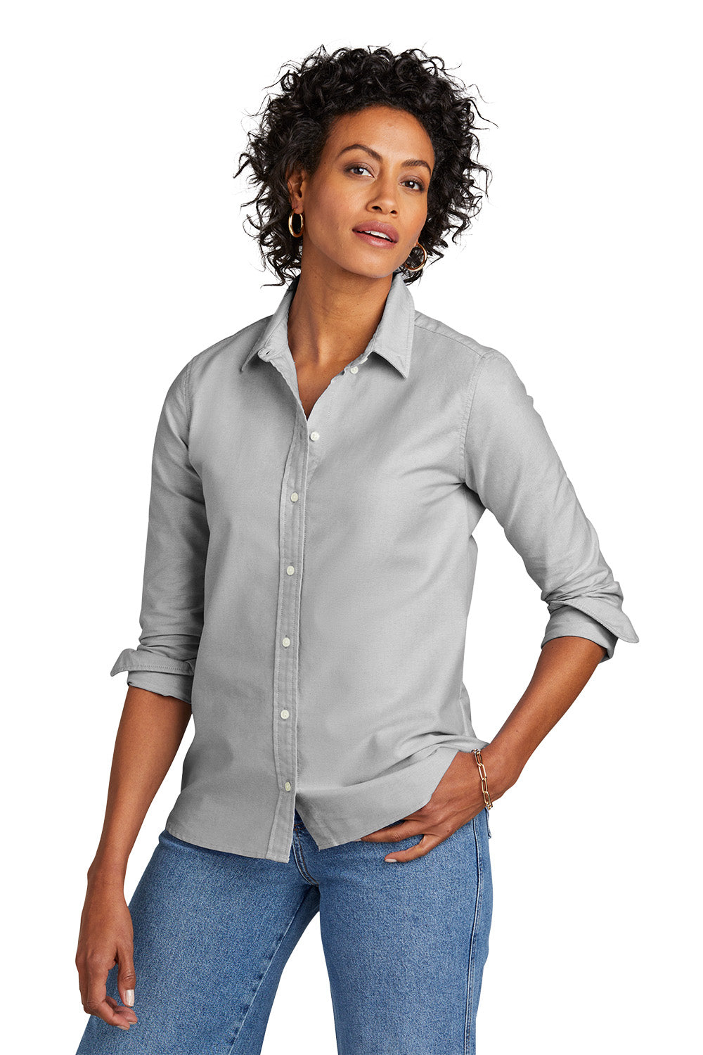 Woman wearing a gray button-up shirt and blue jeans on a white background embroidered Brooks Brothers® Women’s Casual Oxford Cloth Shirt