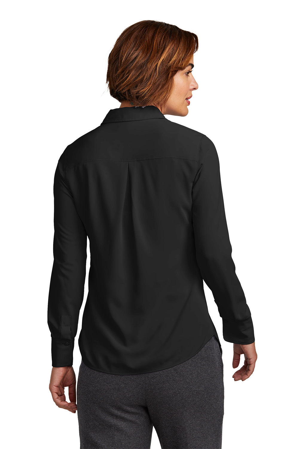 Woman wearing a black long-sleeve shirt on a white background embroidered Brooks Brothers® Women’s Full-Button Satin Blouse