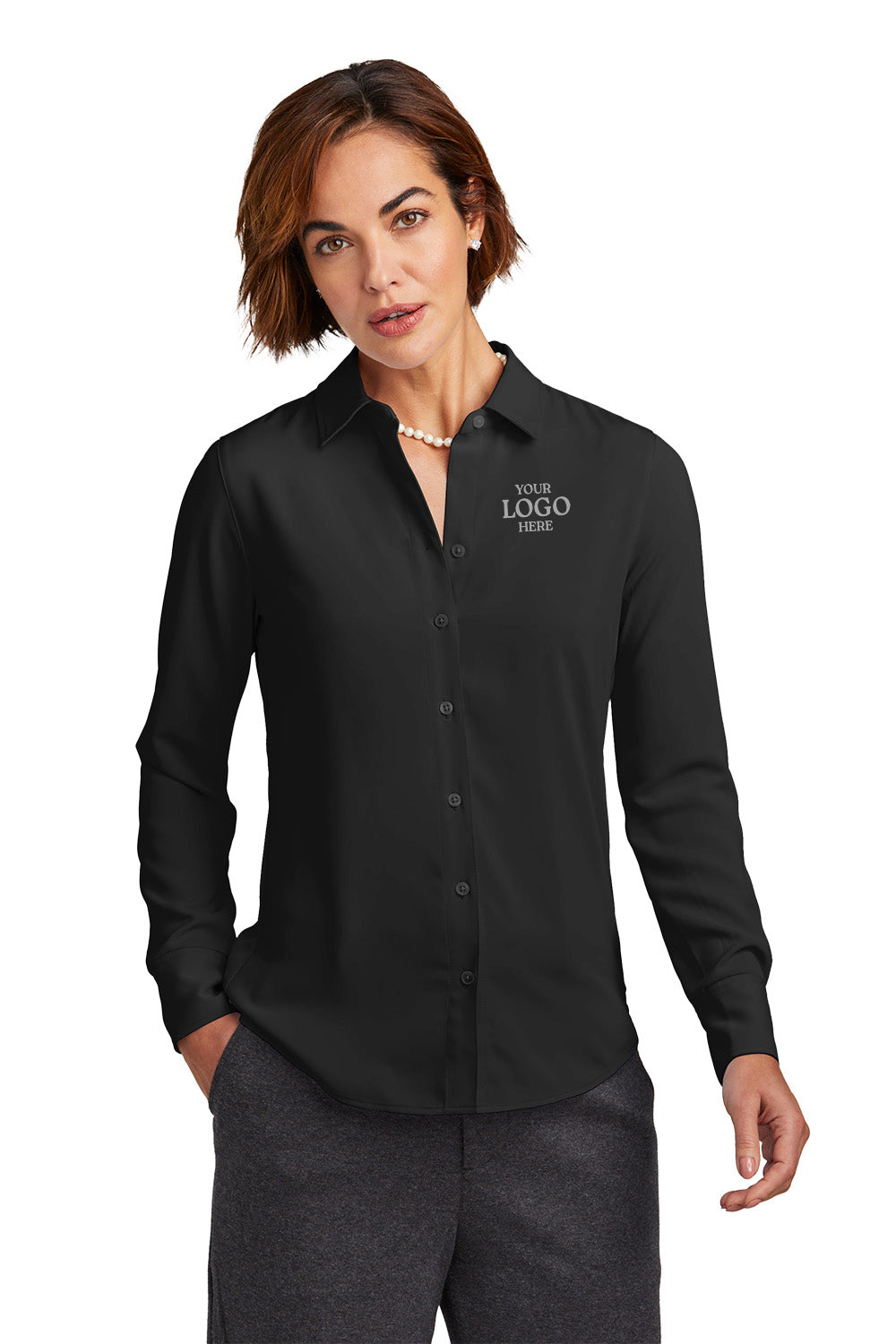 Black button-up shirt with a logo on a white background embroidered Brooks Brothers® Women’s Full-Button Satin Blouse