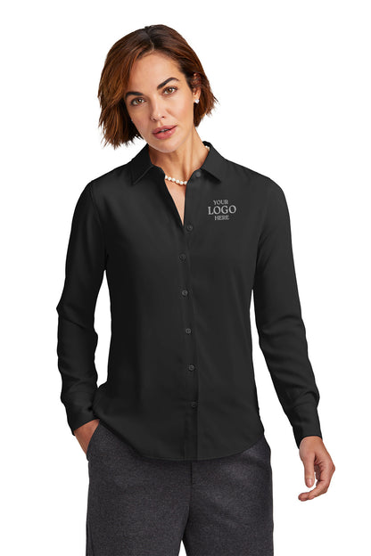 Black button-up shirt with a logo on a white background embroidered Brooks Brothers® Women’s Full-Button Satin Blouse