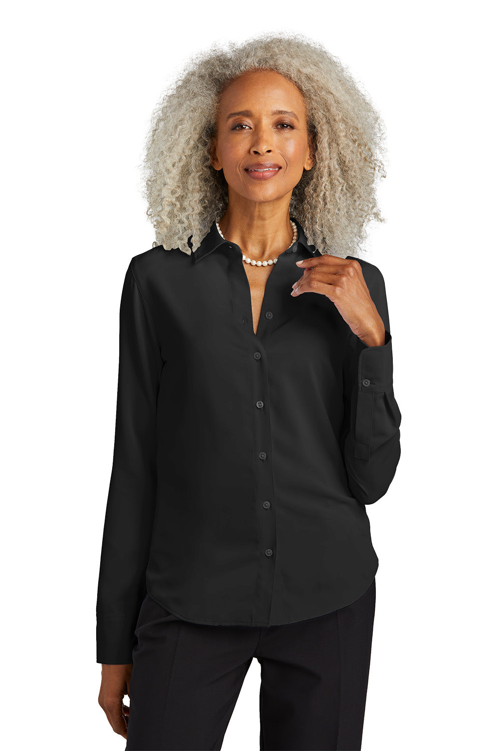 Woman wearing a black button-up shirt on a white background embroidered Brooks Brothers® Women’s Full-Button Satin Blouse
