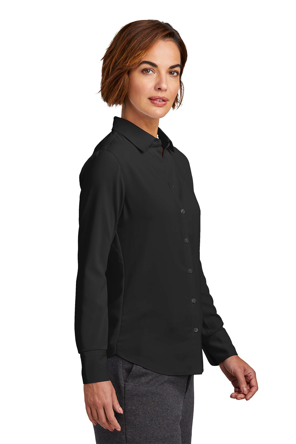 Woman wearing a black button-up shirt on a white background embroidered Brooks Brothers® Women’s Full-Button Satin Blouse