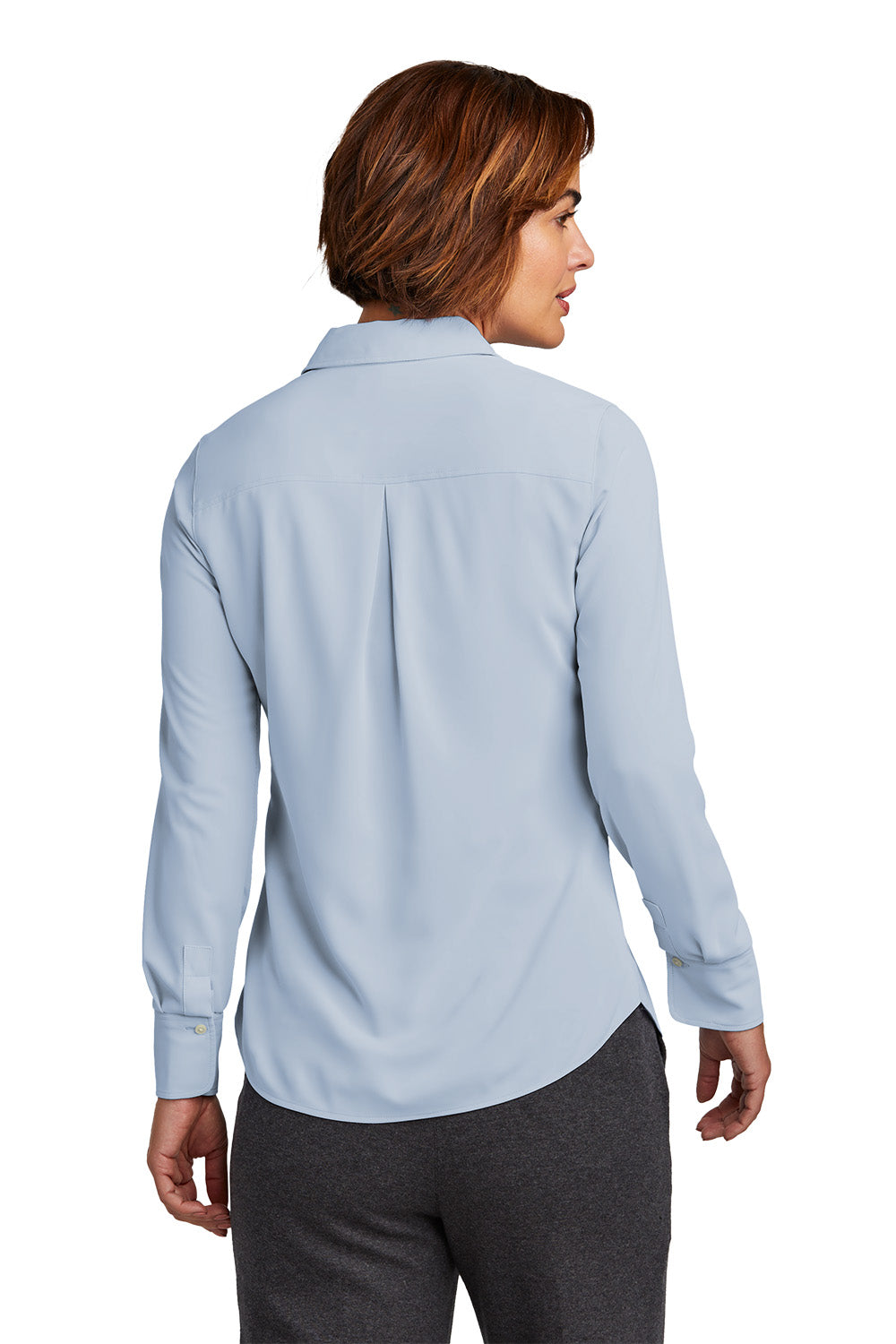 Woman wearing a light blue shirt on a white background embroidered Brooks Brothers® Women’s Full-Button Satin Blouse