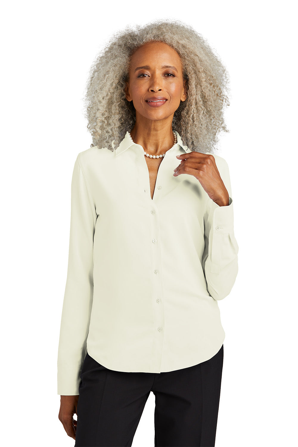 Woman wearing a white blouse with a pearl necklace on a white background embroidered Brooks Brothers® Women’s Full-Button Satin Blouse