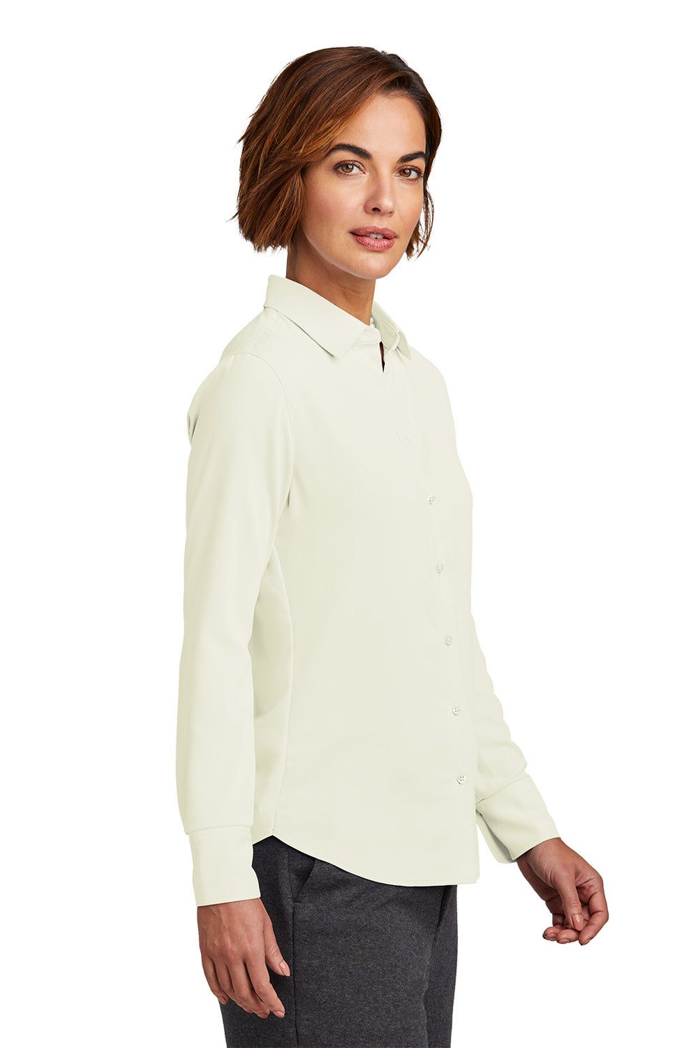 Woman wearing a light-colored blouse with a white background embroidered Brooks Brothers® Women’s Full-Button Satin Blouse