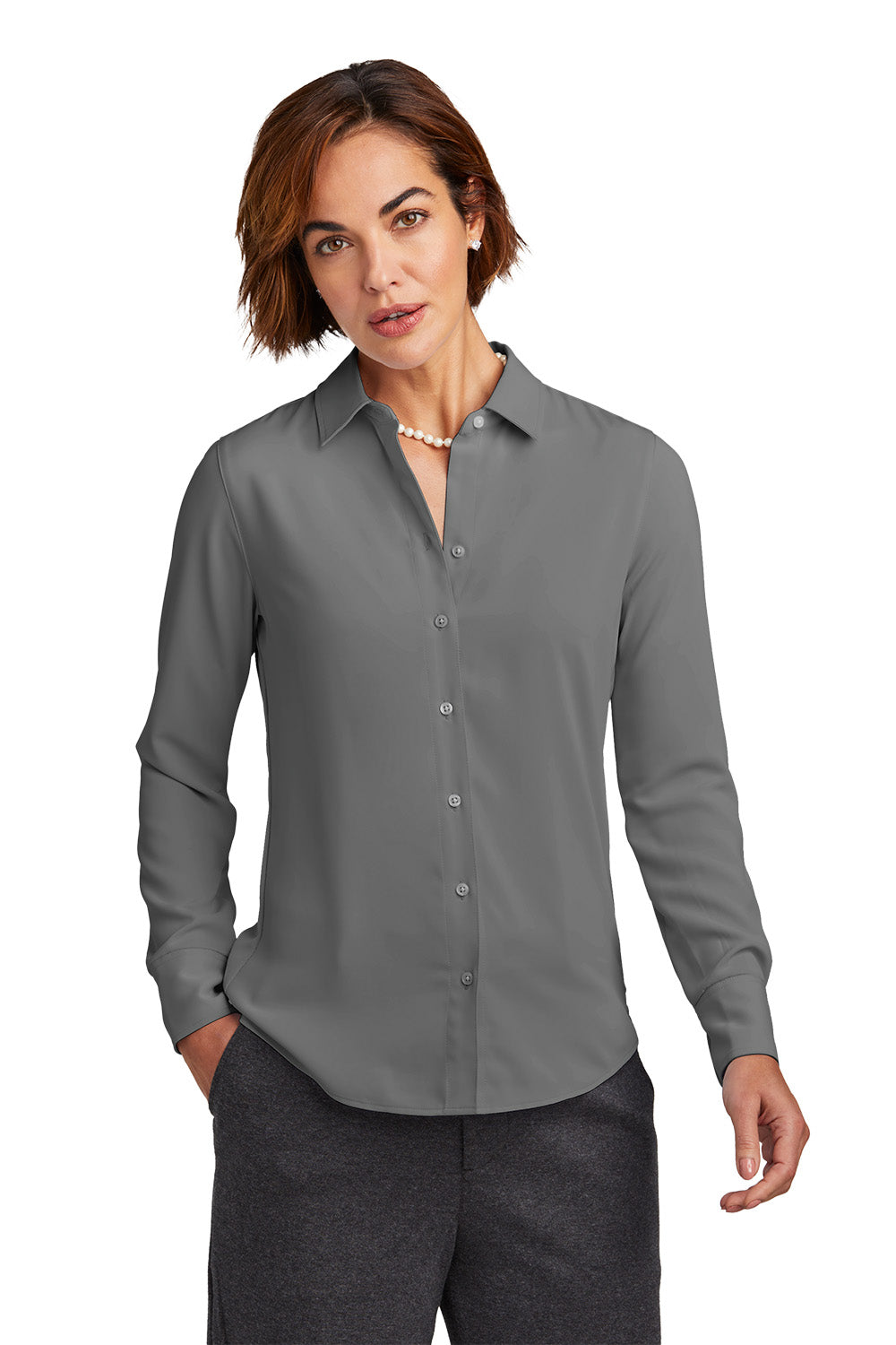 Woman wearing a gray button-up shirt on a white background embroidered Brooks Brothers® Women’s Full-Button Satin Blouse