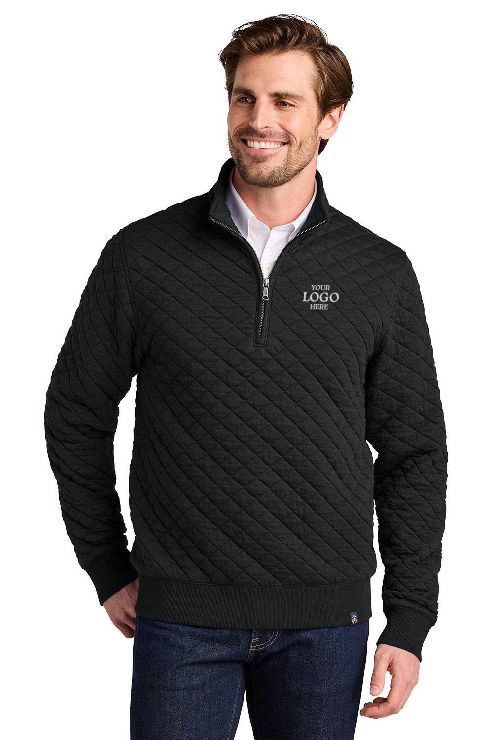Man wearing a black quilted pullover with a logo on a white background Brooks Brothers® Diamond Quilt 1/4-Zip, Embroidered