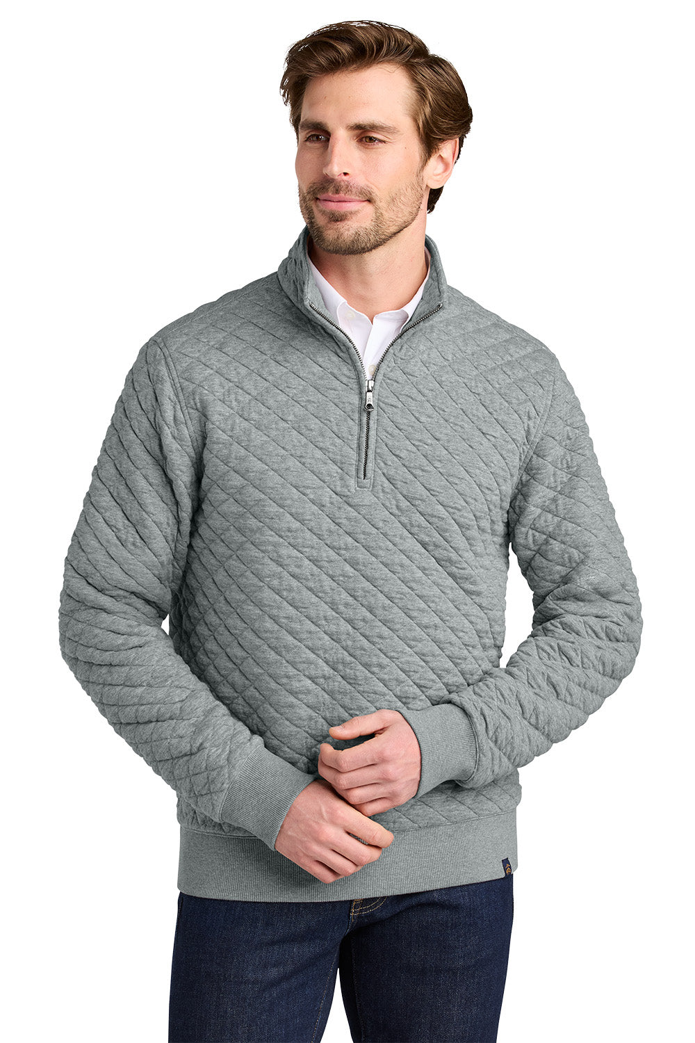 Man wearing a gray quilted pullover with a white shirt underneath on a white background Brooks Brothers® Diamond Quilt 1/4-Zip, Embroidered