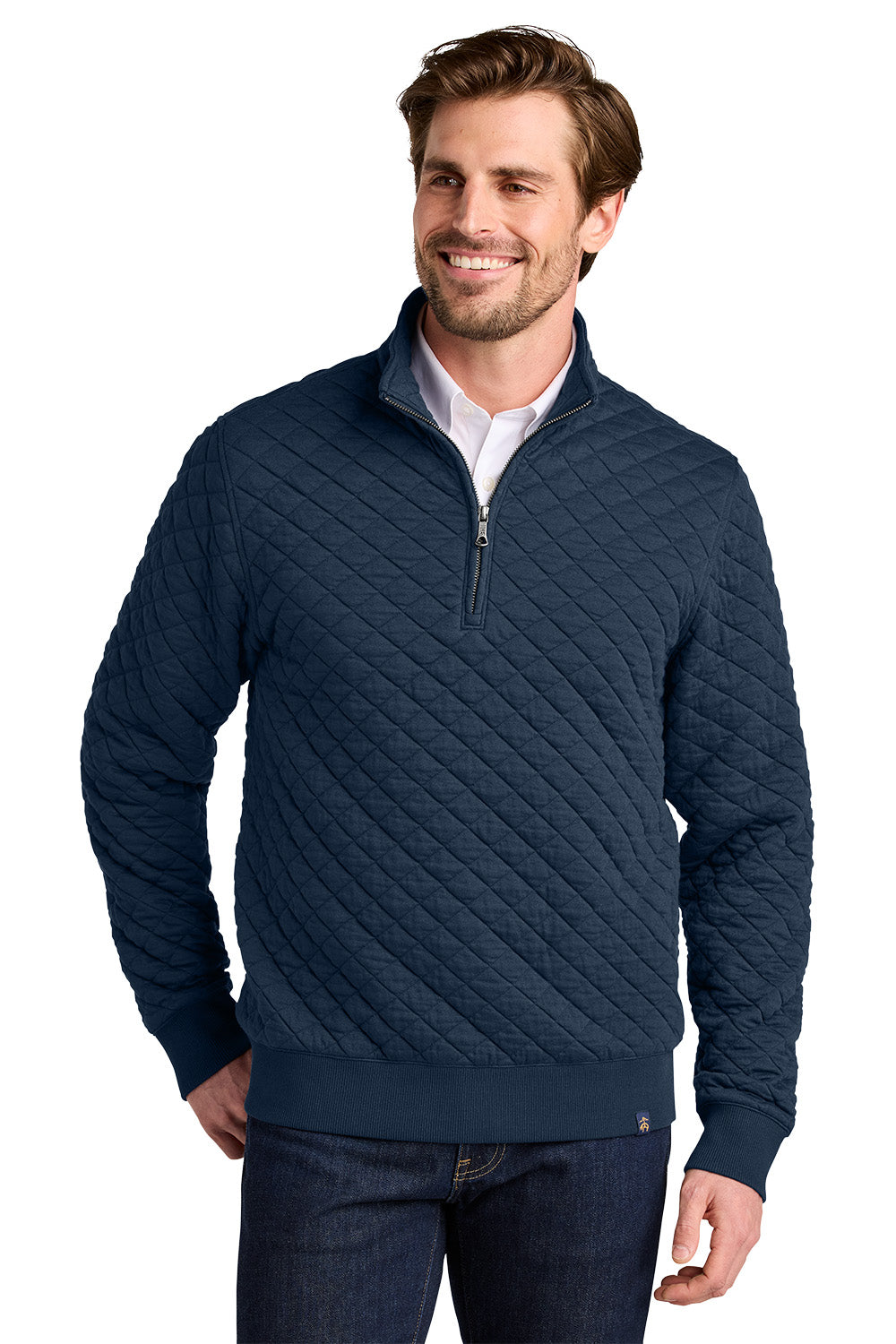Man wearing a navy quilted sweater on a white background Brooks Brothers® Diamond Quilt 1/4-Zip, Embroidered
