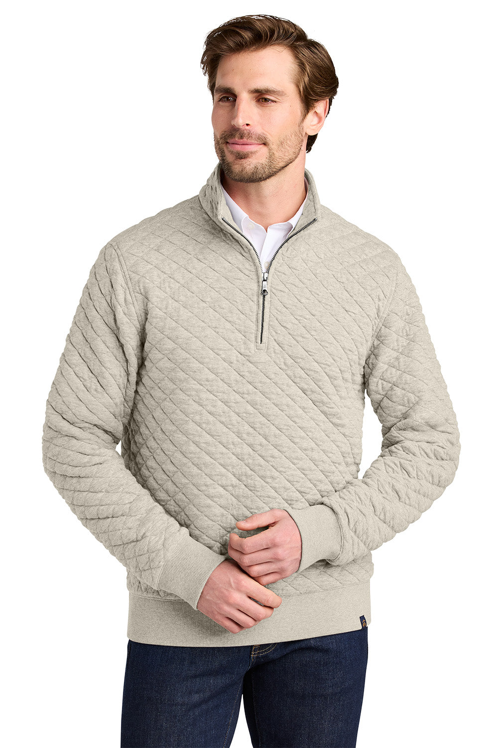 Man wearing a beige quilted half-zip sweater on a white background Brooks Brothers® Diamond Quilt 1/4-Zip, Embroidered