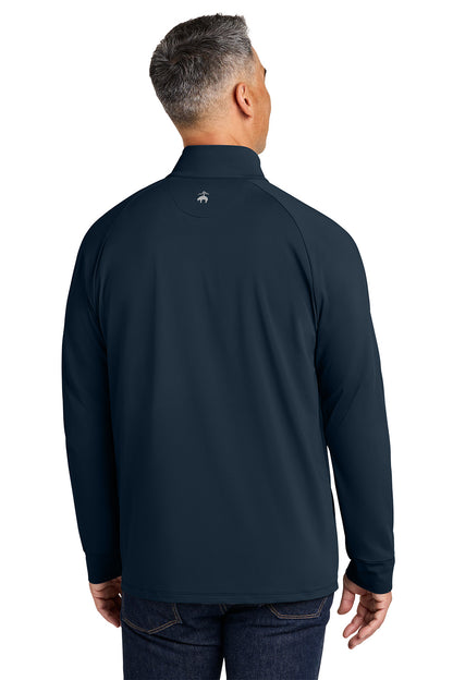 Man wearing a navy long-sleeve shirt with a brand logo on the back against a white background, Brooks Brothers® Luxe Performance 1/4-Zip, Embroidered