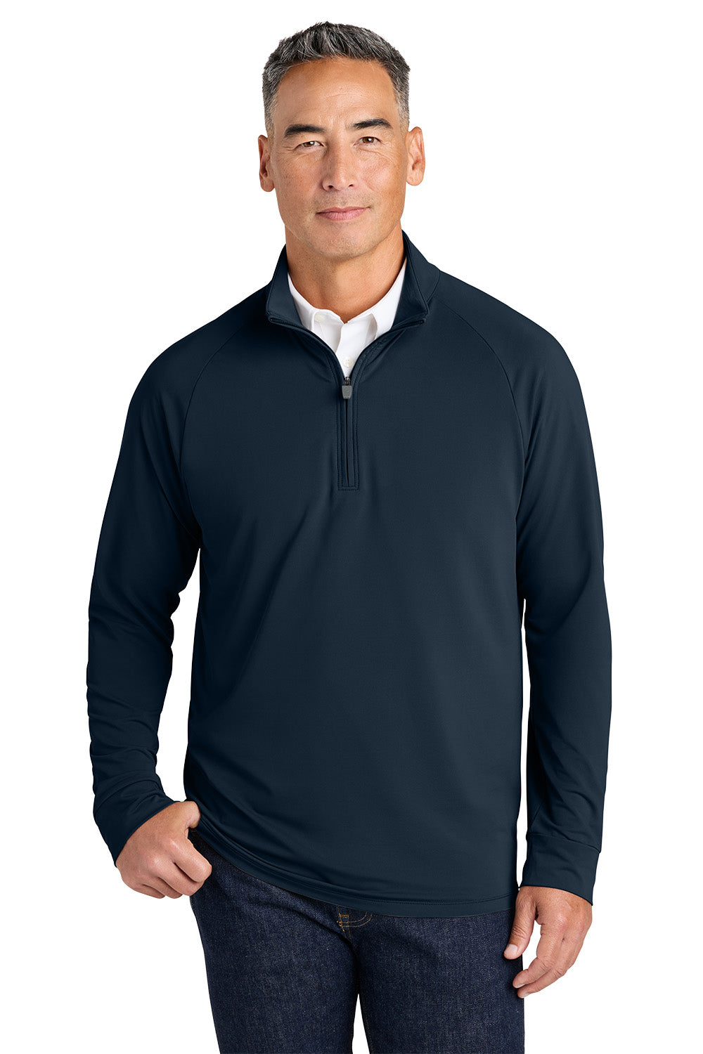 Man wearing a navy long-sleeve shirt with a quarter zip on a white background, Brooks Brothers® Luxe Performance 1/4-Zip, Embroidered