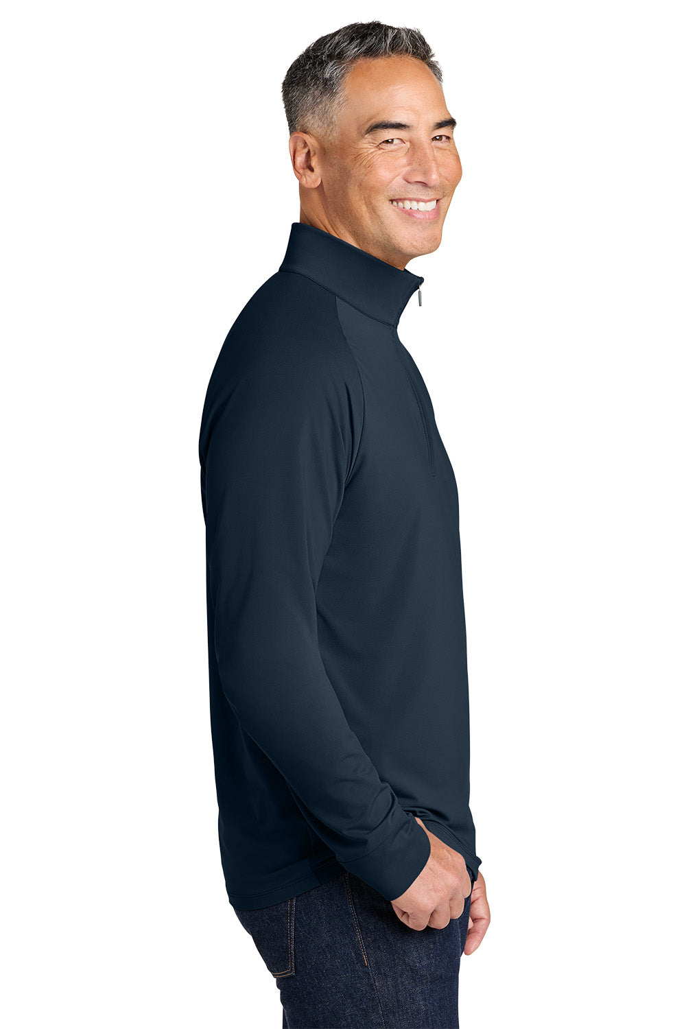 Man wearing a navy long-sleeve shirt on a white background, Brooks Brothers® Luxe Performance 1/4-Zip, Embroidered