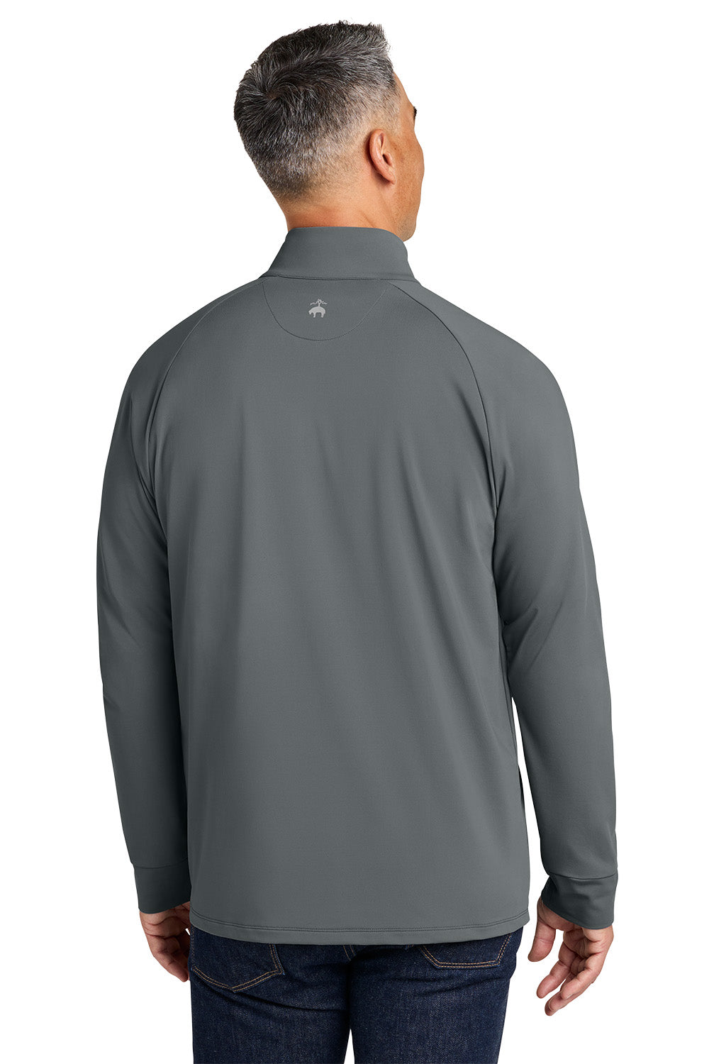 Man wearing a gray long-sleeve shirt with a brand logo on the back, standing against a white background. Brooks Brothers® Luxe Performance 1/4-Zip, Embroidered