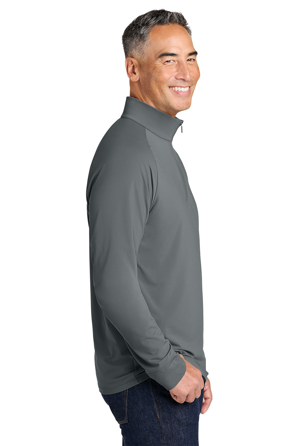 Man wearing a gray long-sleeve shirt on a white background, Brooks Brothers® Luxe Performance 1/4-Zip, Embroidered