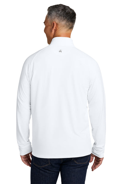 Man wearing a white long-sleeve shirt with a visible brand logo on a white background, Brooks Brothers® Luxe Performance 1/4-Zip, Embroidered