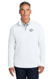 Man wearing a white quarter-zip pullover with customizable logo area on a white background, Brooks Brothers® Luxe Performance 1/4-Zip, Embroidered