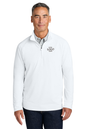 Man wearing a white quarter-zip pullover with customizable logo area on a white background, Brooks Brothers® Luxe Performance 1/4-Zip, Embroidered