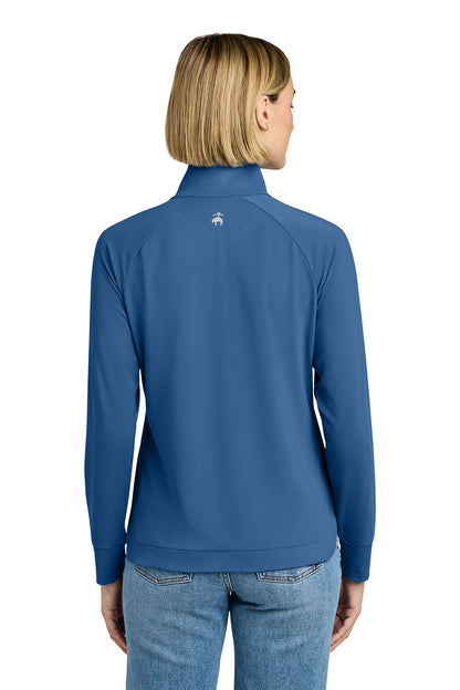 Woman wearing a blue pullover with a visible brand logo on the back, standing against a white background. Brooks Brothers® Women's Luxe Performance 1/4-Zip, Embroidered